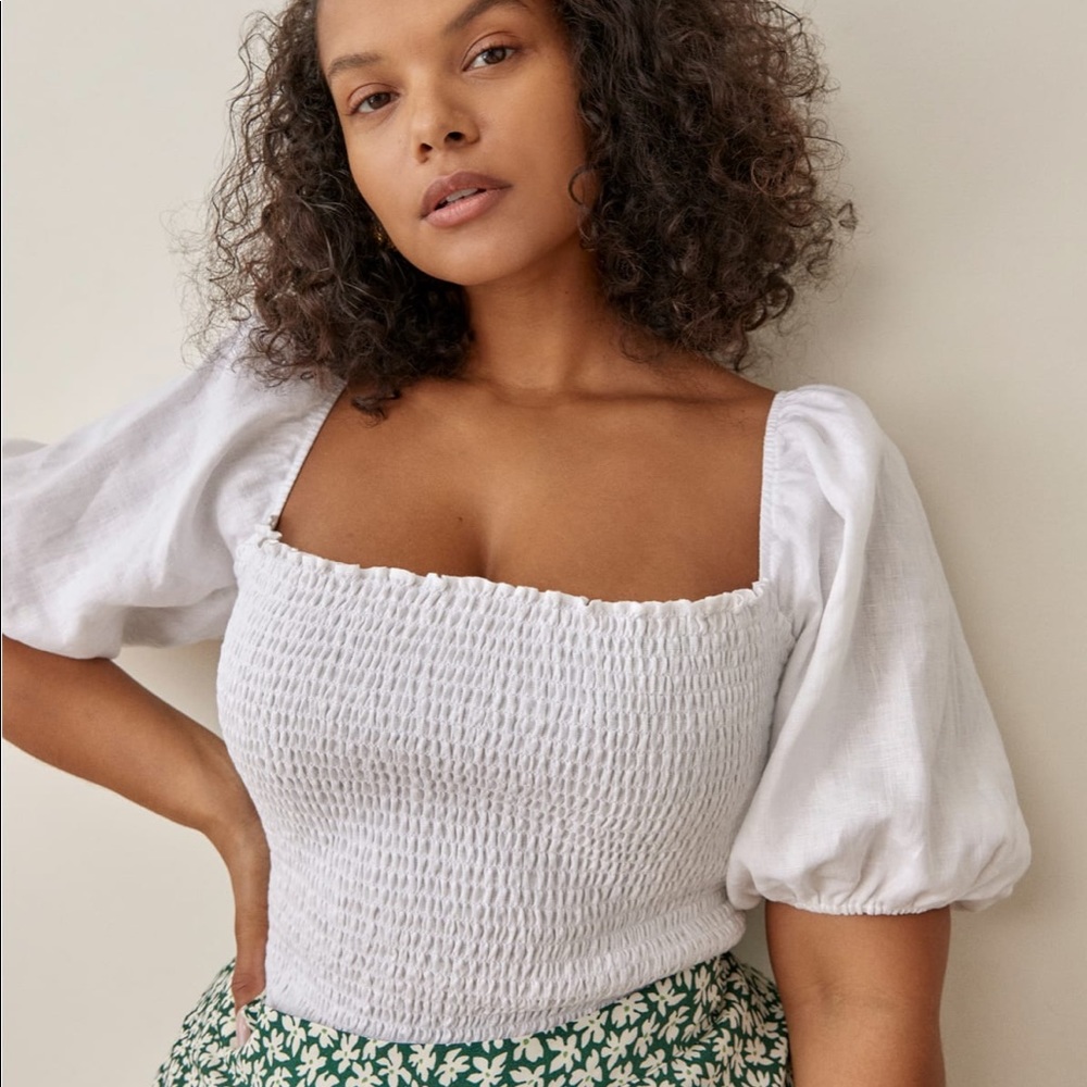 Reformation White Smocked Puff Sleeve Top